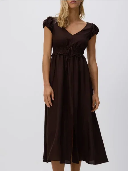 Reserved Sukienka midi z lnem brązowy
