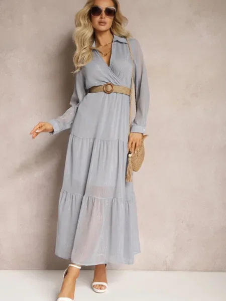 Rochie bleu deschis cu decolteu în V și împletită Velo albastru