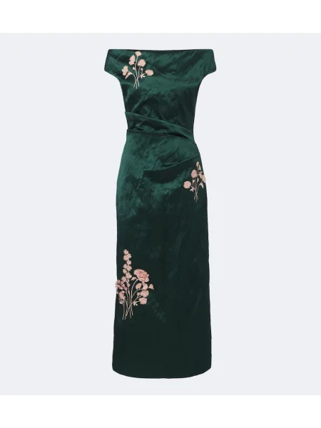 Rochie de cocktail Erdem din satin cu model floral cu aplicații verde