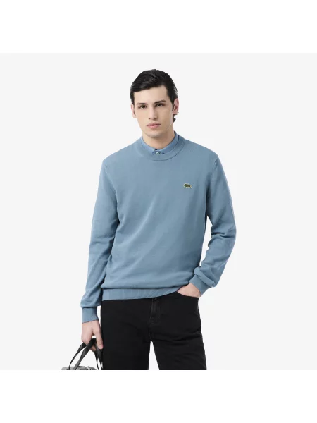 Lacoste Jednokolorowy Sweter Z Okrągłym Dekoltem niebieski