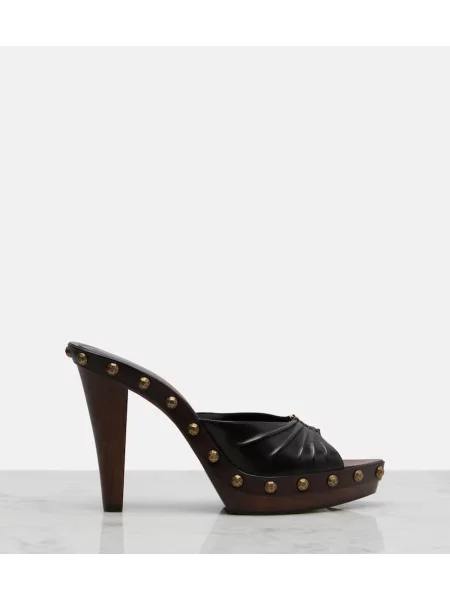 Papuci tip mules Saint Laurent din piele cu tepi maro