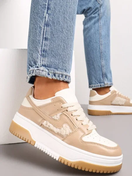 Sneakerși închis din imitație de piele cu inserții de blană Vaelisa bej