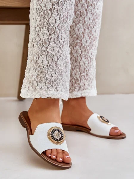 Kožené pantofle Lewski Shoes na plochém podpatku bílé