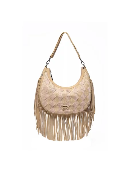 Torebka hobo Ermanno Scervino z frędzli słomkowa beżowa