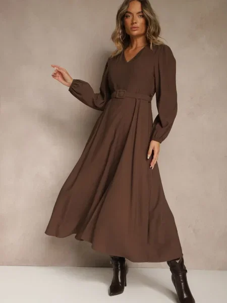 Rozkloszowana Sukienka z z ze Sprzączką Orille brązowa