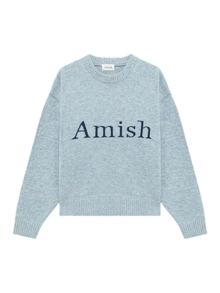 Sweter Amish wełniany z logo niebieski