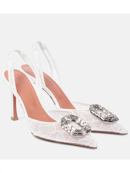 Sandale Amina Muaddi din dantelă slingback alb