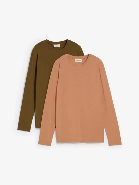 Koszulka z długim rękawem slim fit z czystej bawełny organicznej 2 szt. brązowa