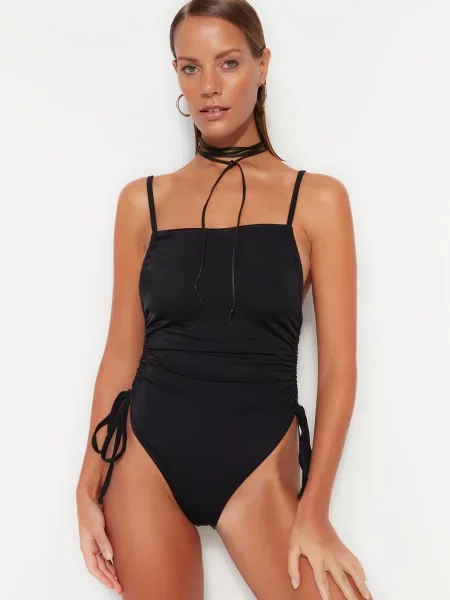 Costum de baie Trendyol plisat de costum negru
