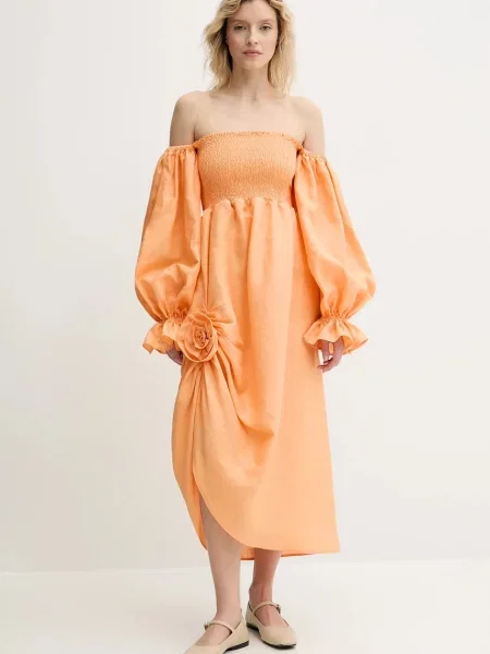 The Sleeper rochie din in midi evazati portocaliu