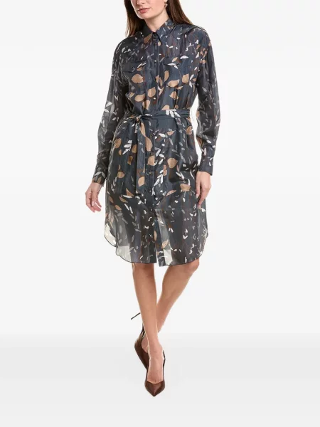 Rochie tip cămașă Brunello Cucinelli de mătase cu imagine cu imprimeu abstract albastru