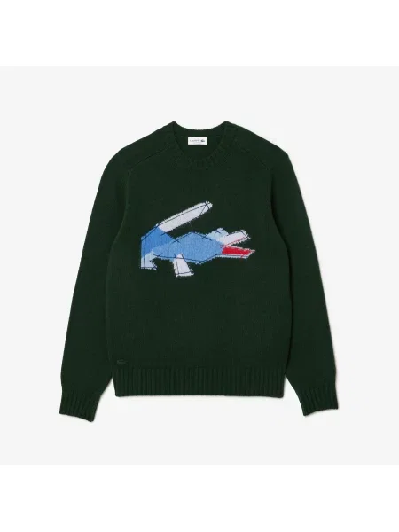 Lacoste Wełniany Sweter Classic Fit Z Okrągłym Dekoltem zielony