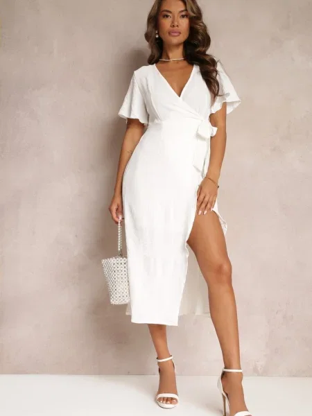 Rochie midi cu decolteu în V și mâneci scurte Talya albă