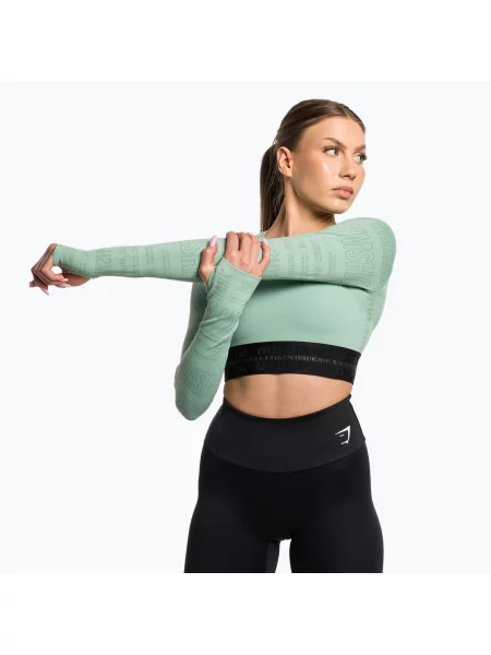 Gymshark Vision Crop Top pentru femei cu mânecă lungă de antrenament verde/negru negru