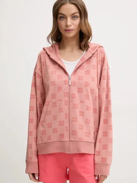Суичър с качулка Hugo с качулка с принт розово