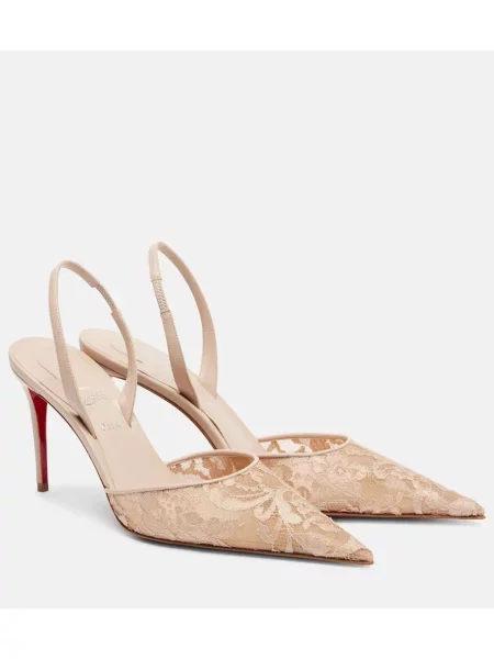 Pantofi cu toc Christian Louboutin din dantelă slingback bej