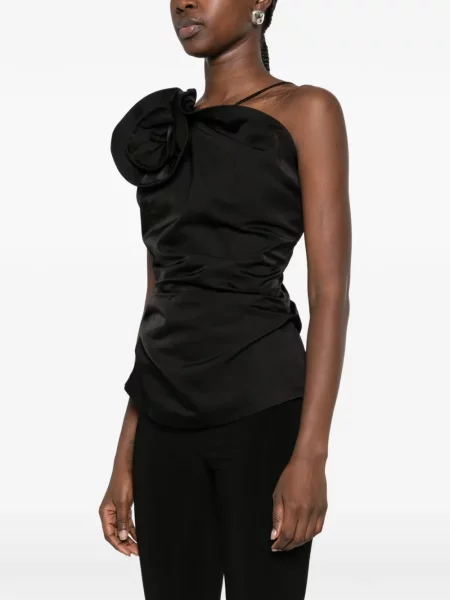Top Magda Butrym cu model floral cu volane negru