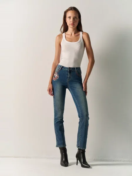 KOROSHI Džínsy denim / purpurová / staroružová modrá