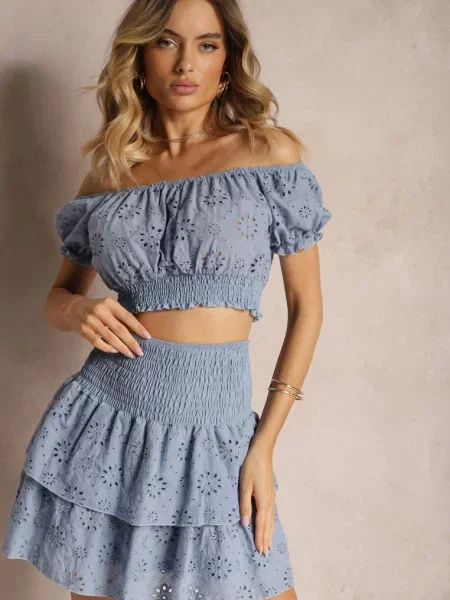 Jasnoniebieski Komplet z Bawełny Ażurowy Top w Hiszpańskim Stylu Spódnica z Gumką Dolflea niebieska