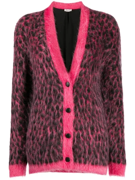 Cardigan Saint Laurent de lână cu imagine cu model leopard roz