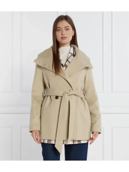 Tommy Hilfiger Hosszú kabát DB BELTED FUNNEL JKT gyapjú hozzáadásával bézs