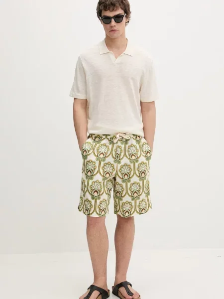Drôle de Monsieur šortky pánske s ľanom Short Tapisserie Florale Lin zelená