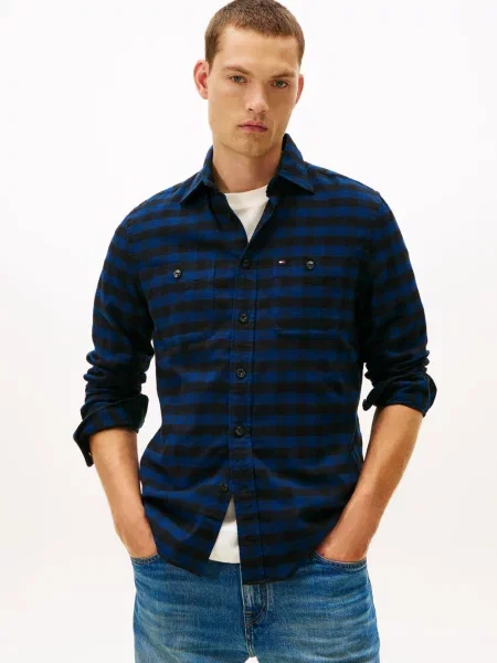 Tommy Hilfiger Koszula flanelowa Hrren Mężczyźni Regular Fit niebieski|czarny w kratkę M czarna