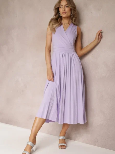 Rochie Violetă cu Decolteu Petrecut și Fustă Pliată Anamarie
