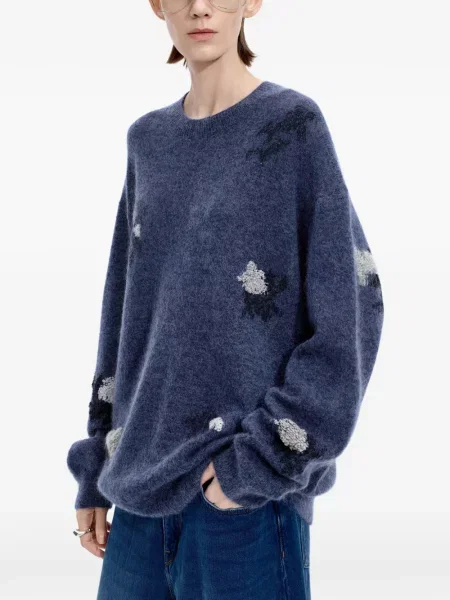 Pulover Jnby cu model floral din jacard albastru