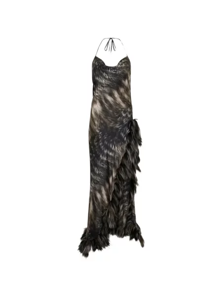 Rochie maxi Roberto Cavalli cu imagine cu gât halter cu blană negru