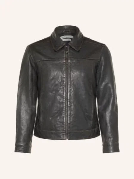 Allsaints Kožená Bunda Oakland tmavě hnědá