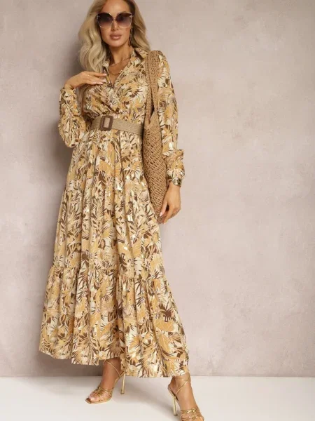 Rochie maxi deschis cu guler și împletită Pertitus bej