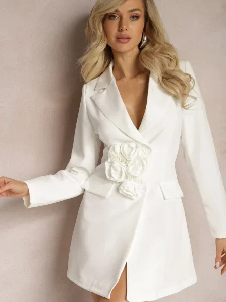 Jachetă Rochie cu Aplicații 3D în Formă de Flori și Închidere cu Lorira albă