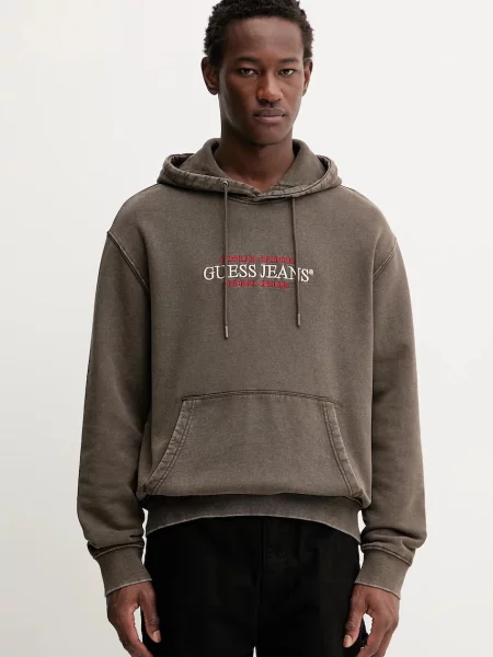 Bombažen pulover Guess Jeans s kapuco rjava