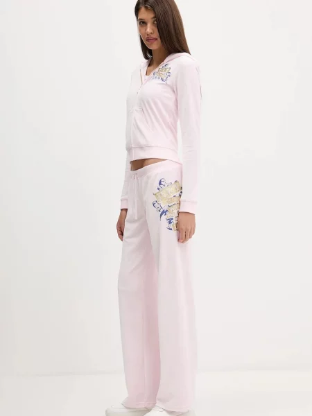 Велюрова кофта Juicy Couture Wrap You Up з капюшоном з принтом рожевий