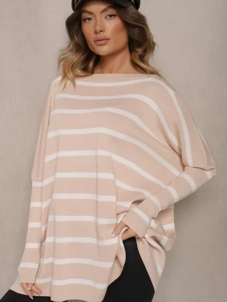Oversizowy Sweter z Rękawami o Fasonie Nietoperz i Wzorem w Eistauma beżowy