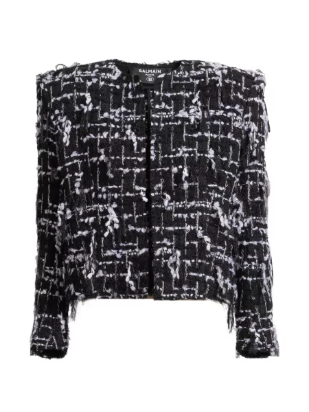 Decupat geacă Balmain cu franjuri din tweed negru
