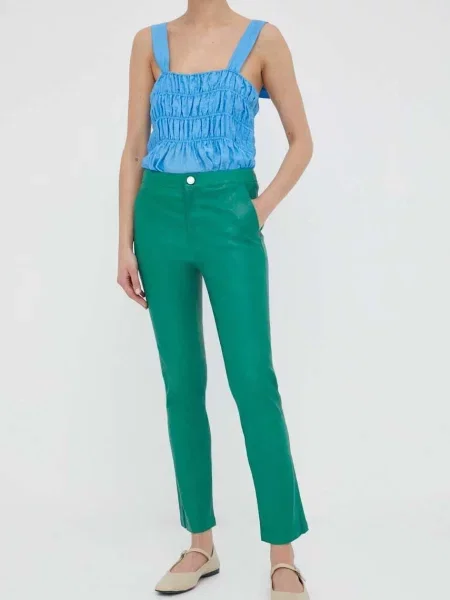 Kožené kalhoty jednoduché high waist zelená