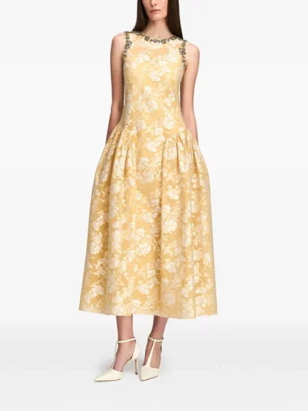 Rochie midi Cinq A Sept cu model floral din jacard galben