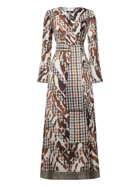 Sukienka maxi Pierre Louis Mascia z nadrukiem w pepitkę garniturowa brązowa