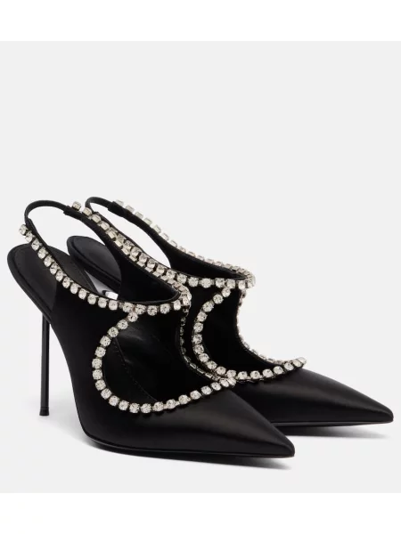 Pantofi cu toc Paris Texas din satin slingback negru