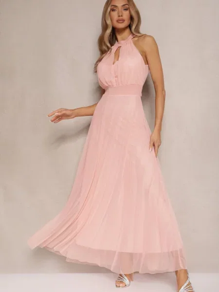 Sukienka Koktajlowa z Siateczką Wiązana Materiałowym ze Stójką Nestassi różowa