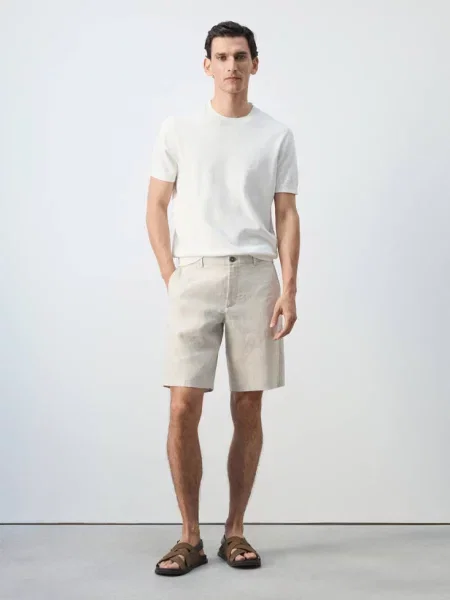 Bermudy slim fit z lnu kremowy / écru Mężczyzna 42 MANGO MAN