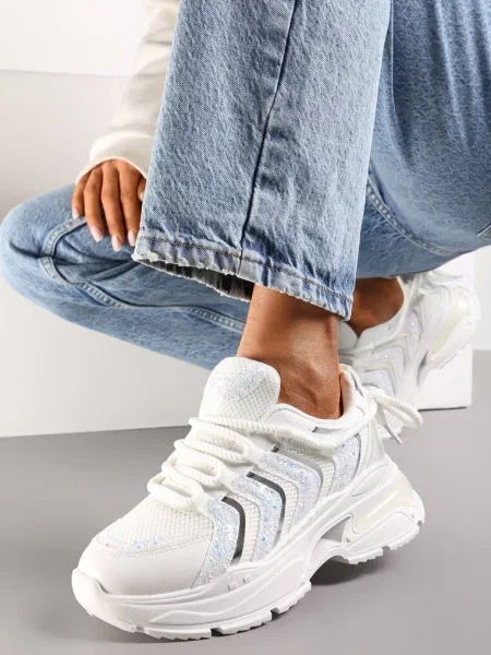 Sneakers Albi cu Talpă Masivă Împodobiți cu Sclipici Thirlas alb