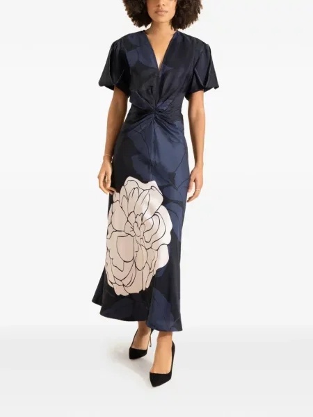 Rochie midi Victoria Beckham cu decolteu în V până la genunchi de costum albastru