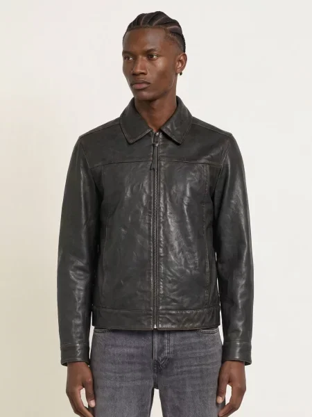 Allsaints Kožená Bunda Oakland tmavě hnědá