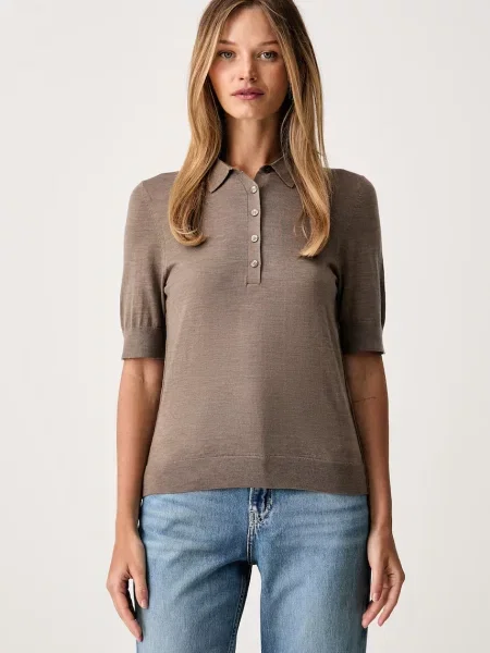 Tricou polo Boss Black de lână maro