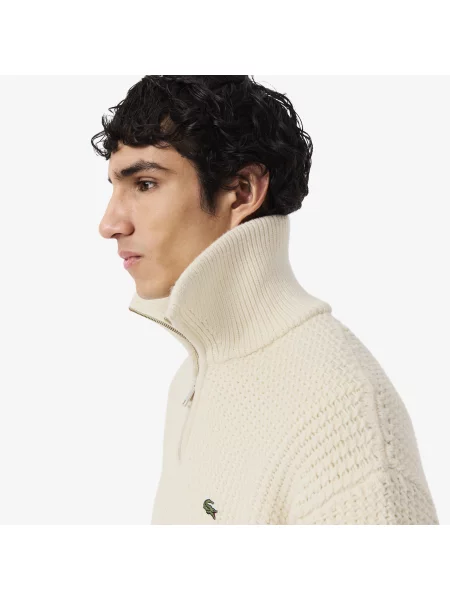 Lacoste Wełniany Sweter Z Wysokim Kołnierzem I Zamkiem Błyskawicznym Z Grubej Wełny beżowy
