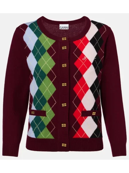 Cardigan Ganni de lână cu model argyle bordo