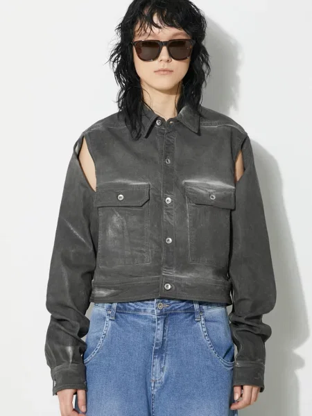 Rick Owens geaca Denim Jacket Cape Sleeve Cropped Outershirt femei de tranzitie gri